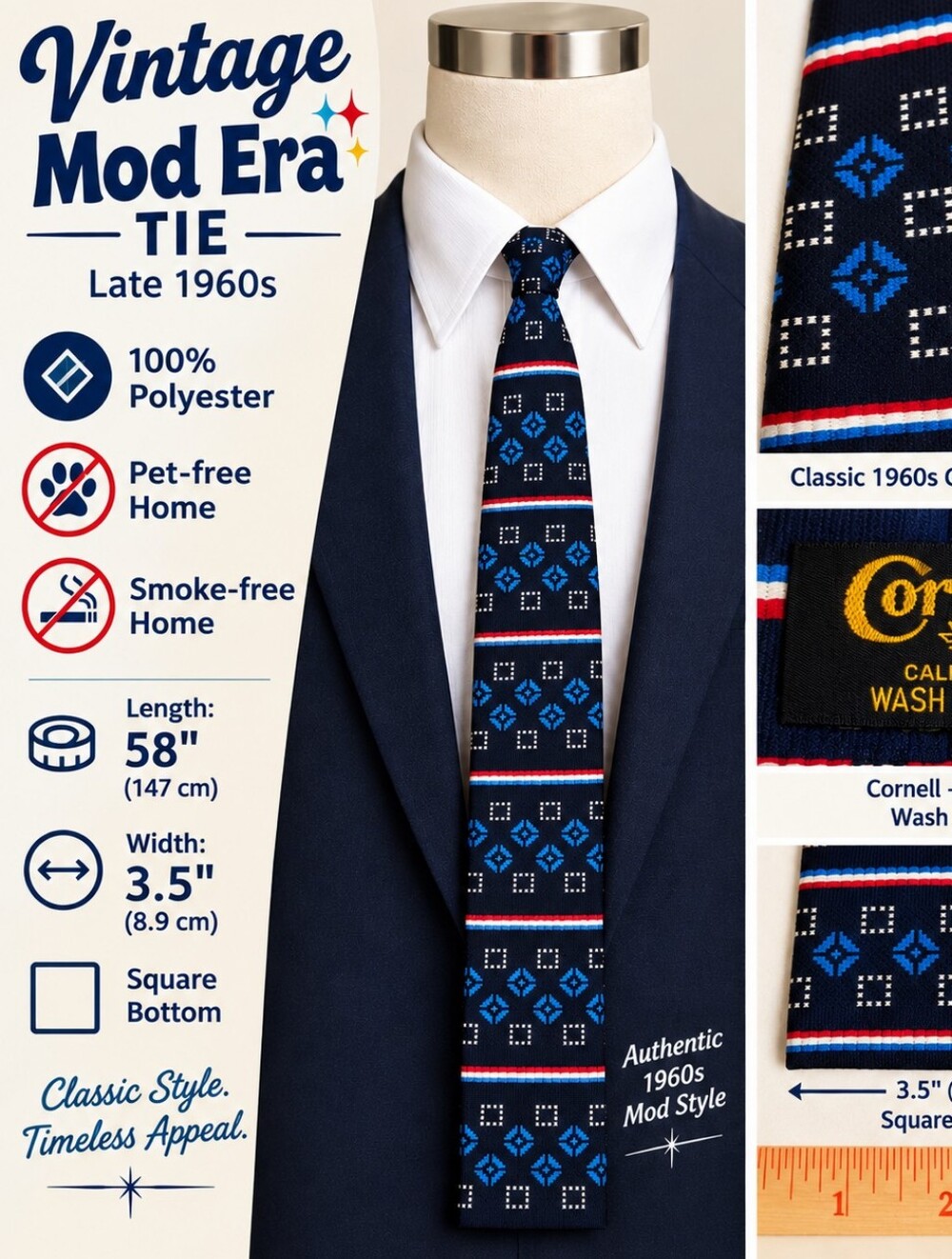 Vintage 1960s Mod Cornell Tie Navy Blue Geometric Stripe 100% Polyester